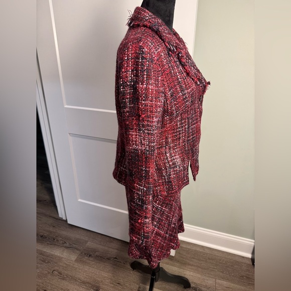 Giorgio fiorlini red pink black Tweed Jacket & Skirt Set fringe Y2K powersuit - Picture 3 of 9